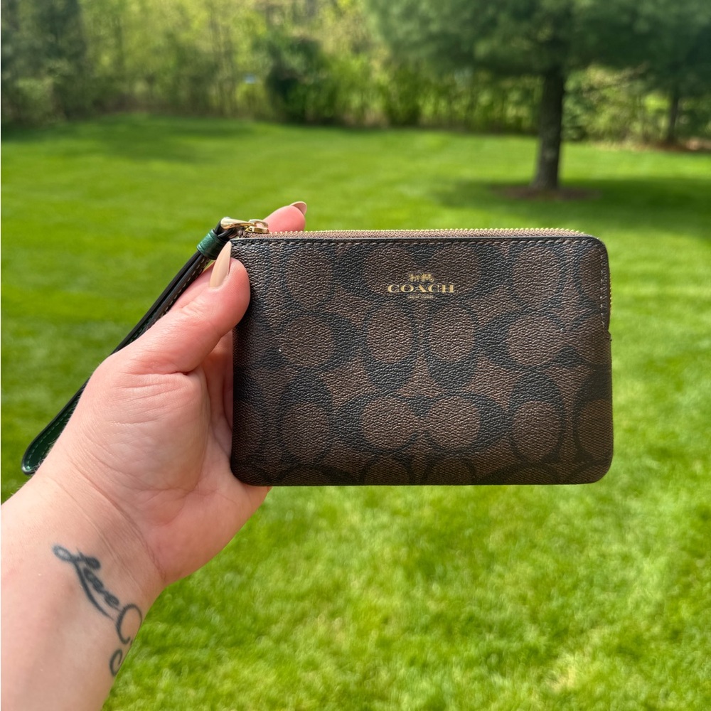 Coach Dark Brown Signature Wristlet with Green Strap